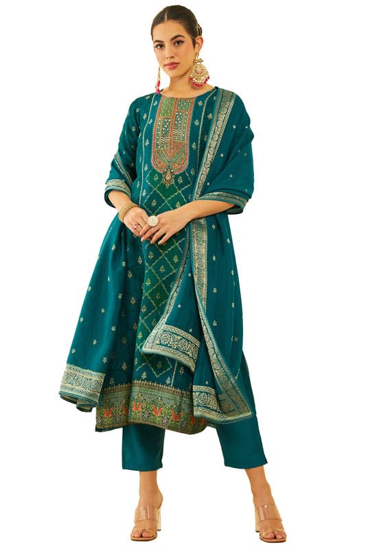 Soch Womens Green Brocade Kantha Print Suit Set with Cutdana Work