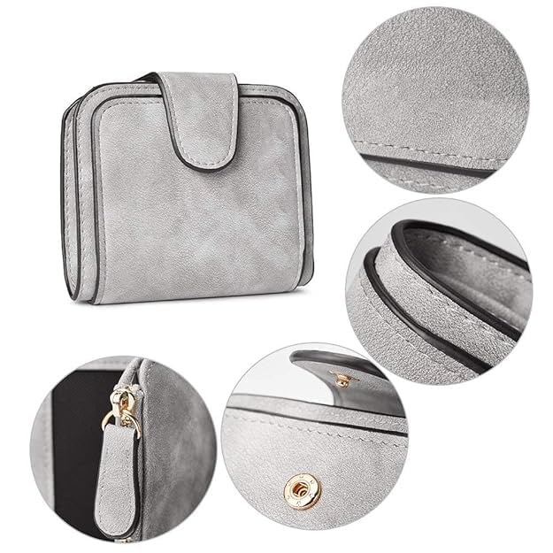Cannagenix Wallet Women Tri-fold Design Soft Leather Material Clutches Coin, Cash Card Holder Small Purse for Women with Improved Zipper (Grey - Small)