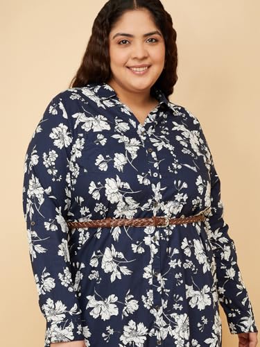 Max Women Floral Print Shirt Dress with Belt (Blue_6XL)