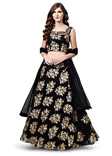 Zeel Clothing Women's Net Semi stitched Lehenga Choli (5010-Wedding-Bridal-Net-Lehenga-2021_Black_Free Size)