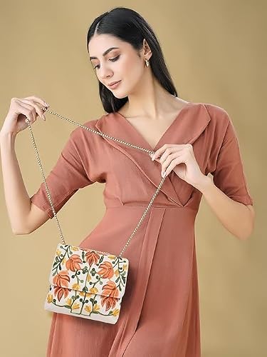 VELUCIA Womens Floral Embroidered Sling Bag With Chain Strap (Cream)