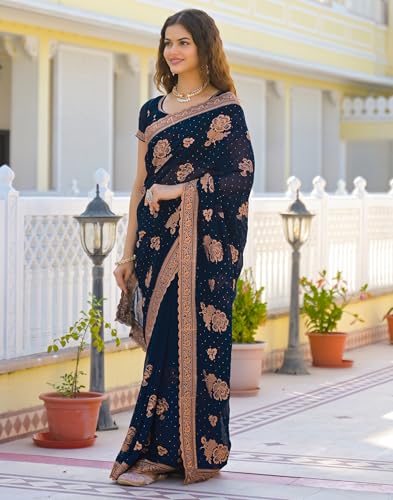 SIRIL Women's Georgette Embroidery & Stone Work Scalloped Border Saree With Unstitched Blouse Piece (4932S932_Dark Navy Blue)