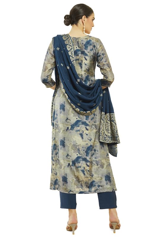 Soch Womens Navy Blue Brocade Abstract Print Suit Set with Zari Woven Dupatta
