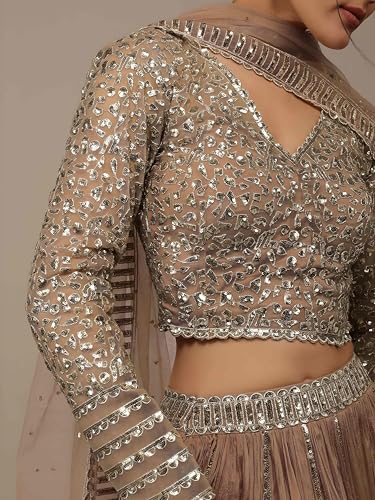 Zeel Clothing Women's Sequins Zari Embroidered Georgette Lehenga Choli With Dupatta (7090-Women-Lehenga-Choli-Latest; Free size) (Beige)