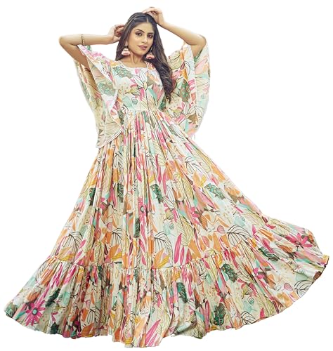 Samprag Rayon Gown for Women | Full Length | Printed | Fit & Flare | Flared & Bell Sleeves | Round Neck | Ethenic Dress | Ideal for Casual, Wedding & Party | Off-White & Sky Blue | S