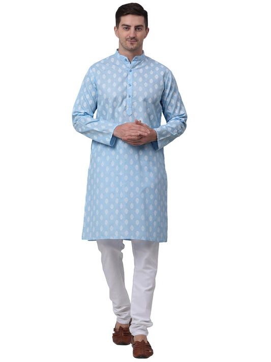 Jompers Floral Printed Kurta with Churidar for Men (Sky Blue, L)