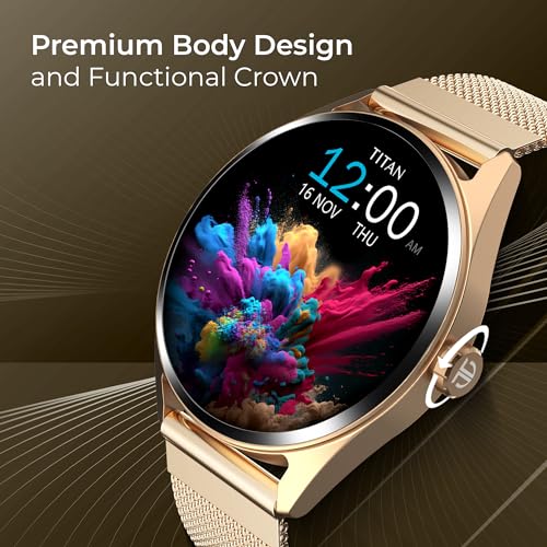 Titan Crest 1.43” AMOLED Smart Watch for Productivity with BT Calling, AI Morning Briefs, Functional Crown, Health Tracking, Aluminium Body, 100+ Sports Modes, Smartwatch for Men and Women - (Brown)