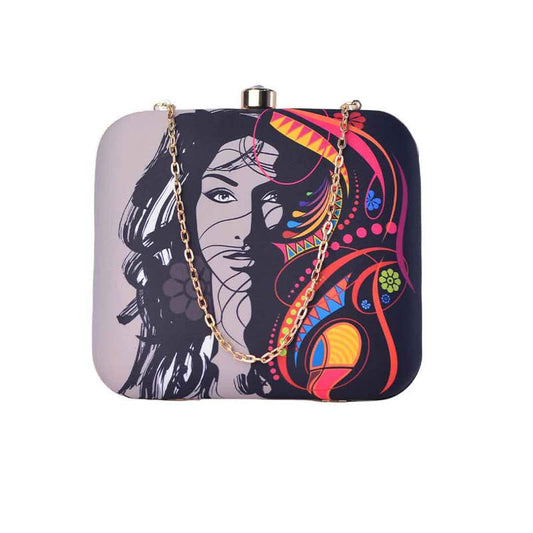 Artklim Color Blocked Girl Face Graphic Clutch