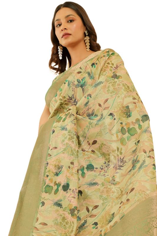 Soch Womens Light Green Floral Print Chanderi Jacquard Saree