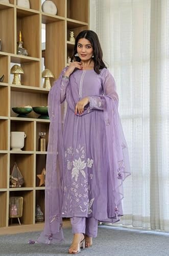 AVYUKTHA | Women Floral Embroidered Kurta with Pyjamas & Dupatta | Thread Work Ethnic Kurta Set for Women | Festive & Daily | Purple | Size- XL