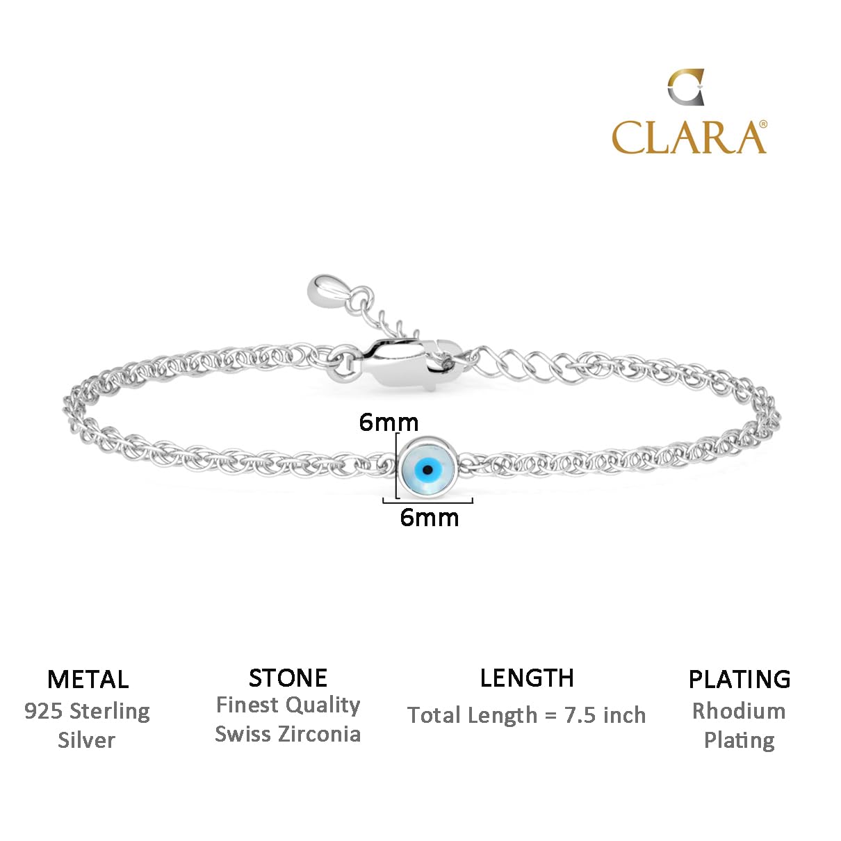 Clara 925 Pure Silver Evil Eye Chain Bracelet, Adjustable, Anti Tarnish Gift for Women and Girls