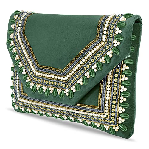 Peora Clutch Women's Purse Bridal Bag For Casual Detachable Strap Evening Sling Bag (Green)-C58GRN
