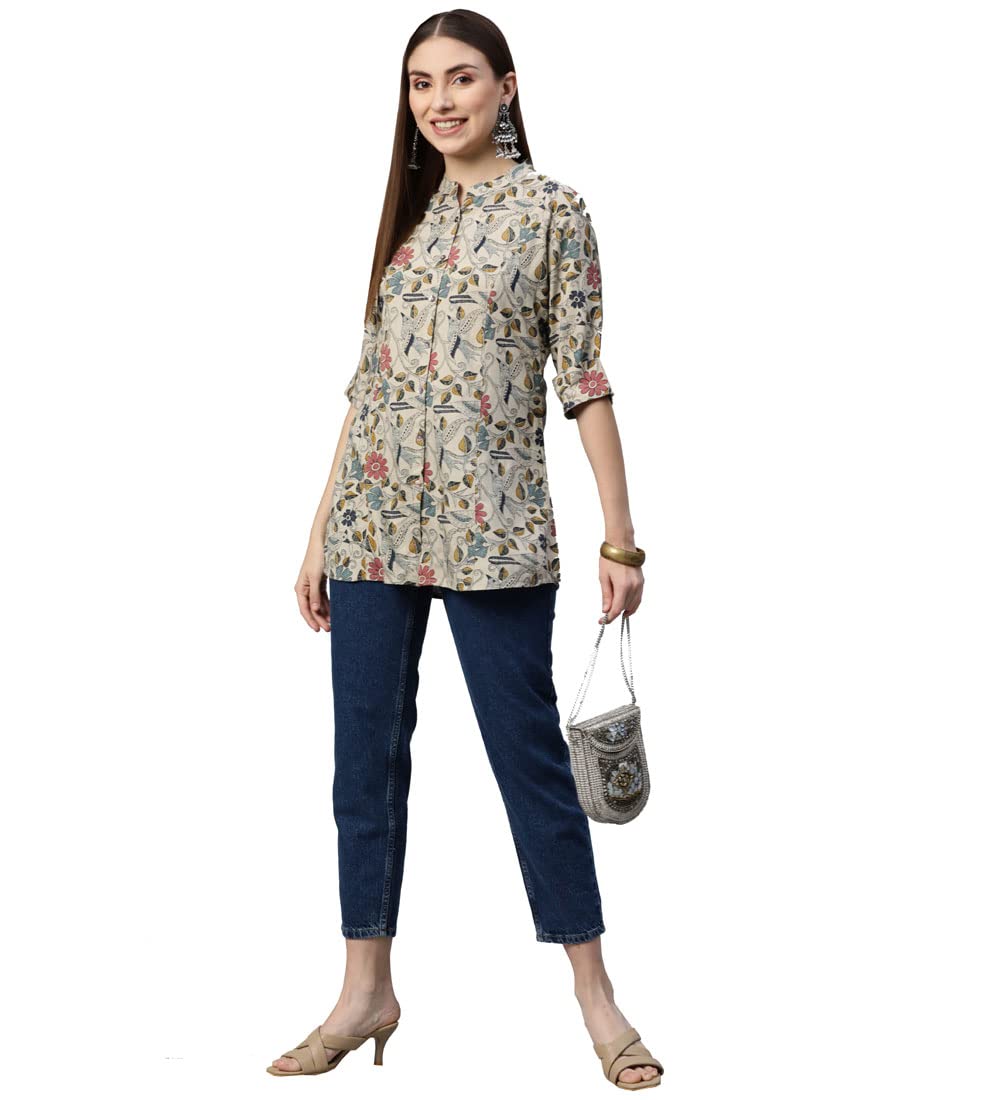 Divena Women Beige Multi Floral Rayon A-Line Regular Fit Shirts Style Top (Dbk0482-Xl)