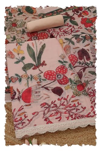 Soch Womens Peach Linen Floral Dress Material With Thread Work