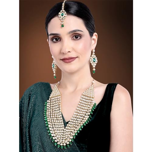 Peora Kundan Pearl Maroon Layered Long Jewellery Necklace Set with Earring Maang Tikka Earrings for Women