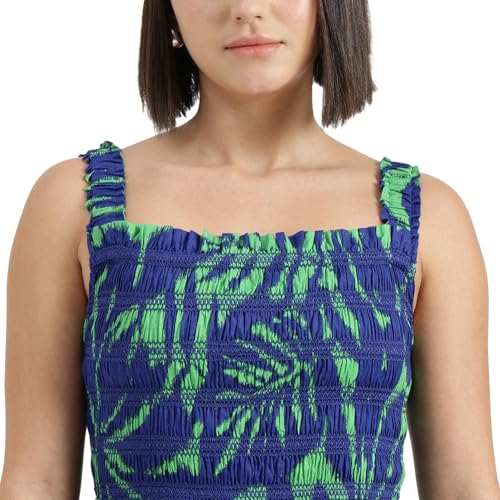 United Colors of Benetton Regular Fit Shoulder Straps Printed Dress (Size : M) - 26P4WVNDR327I902 Blue