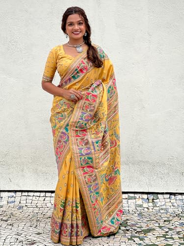 Pandadi Saree Women's Yellow Pashmina Kashmiri Silk Saree With Unstitched Blouse Piece