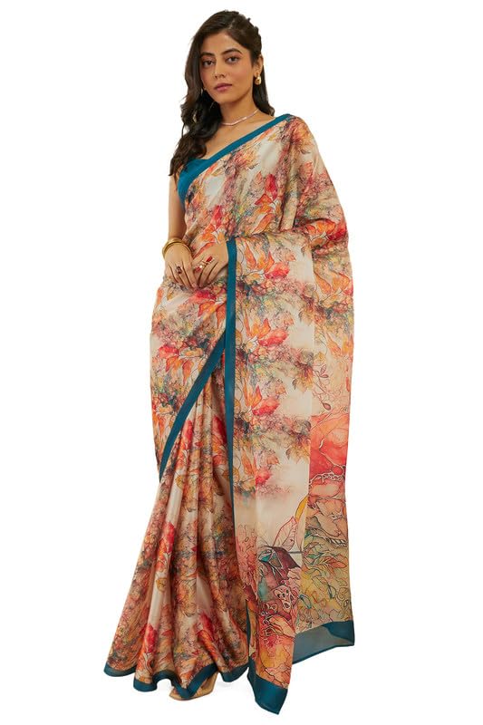 Soch Womens Indigo Botanical Print Crepe Saree