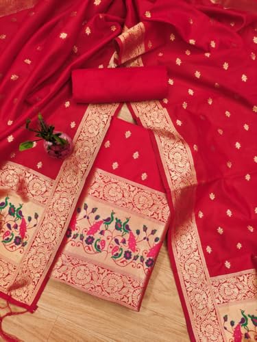 SHANTVAN GALLERY Suit Material for Women Unstitched Cotton Pure Dress Material for Women with Peacock Design, Elegant Salwar Suit Material for Women with Dupatta & Blouse Piece - Red