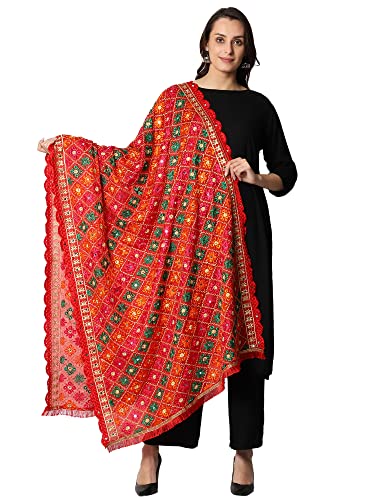 SWI WITH LABEL Women's Embroidered Phulkari Chiffon Dupatta(SFD55_Multicolored)