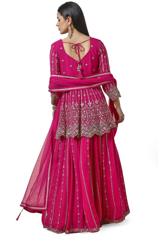 Soch Womens Fuchsia Georgette Embroidered Leaf Neck Padded Lehenga Choli