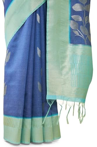 Soch Womens Blue Tussar Silk Saree With Zari Woven Foliage Designs