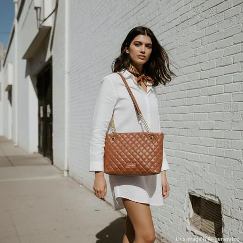 Fastrack QuiltPlay Tan Shoulder Bag | Quilted Faux-Leather Women’s Handbag Bag with Metal Accent Strap & Zipper Closure