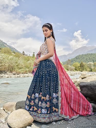 Divine Exim Women's Georgette Semi Stitched Lehenga Choli with Dupatta | Thread and Sequin Embroidery Pattern | Traditional, Wedding, Ethnic Wear Lehenga (Blue)