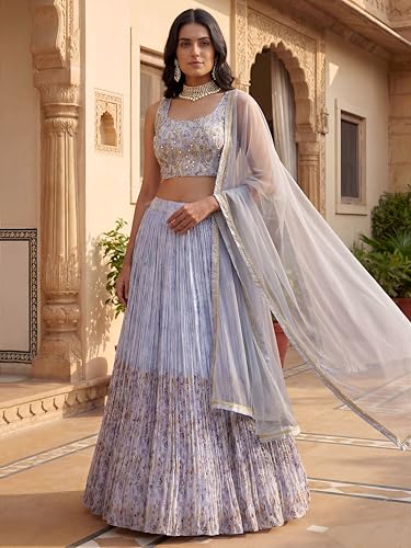 Zeel Clothing Digital Print Mirror Hand Work Georgette Lehenga Choli with Dupatta (5100-Blue-Women-Stylish-Lehenga-Choli; Free Size)