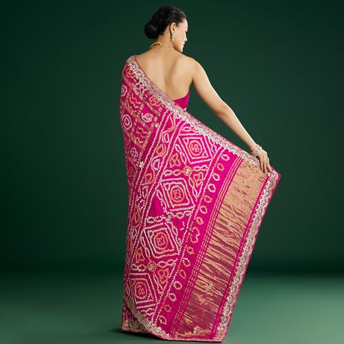 KALKI Fashion Pink Bandhani Saree With Gota Work Satin sarees for women