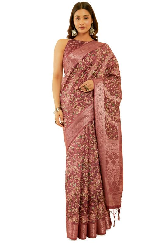 Soch Womens Wine Floral Print Chanderi Jacquard Saree