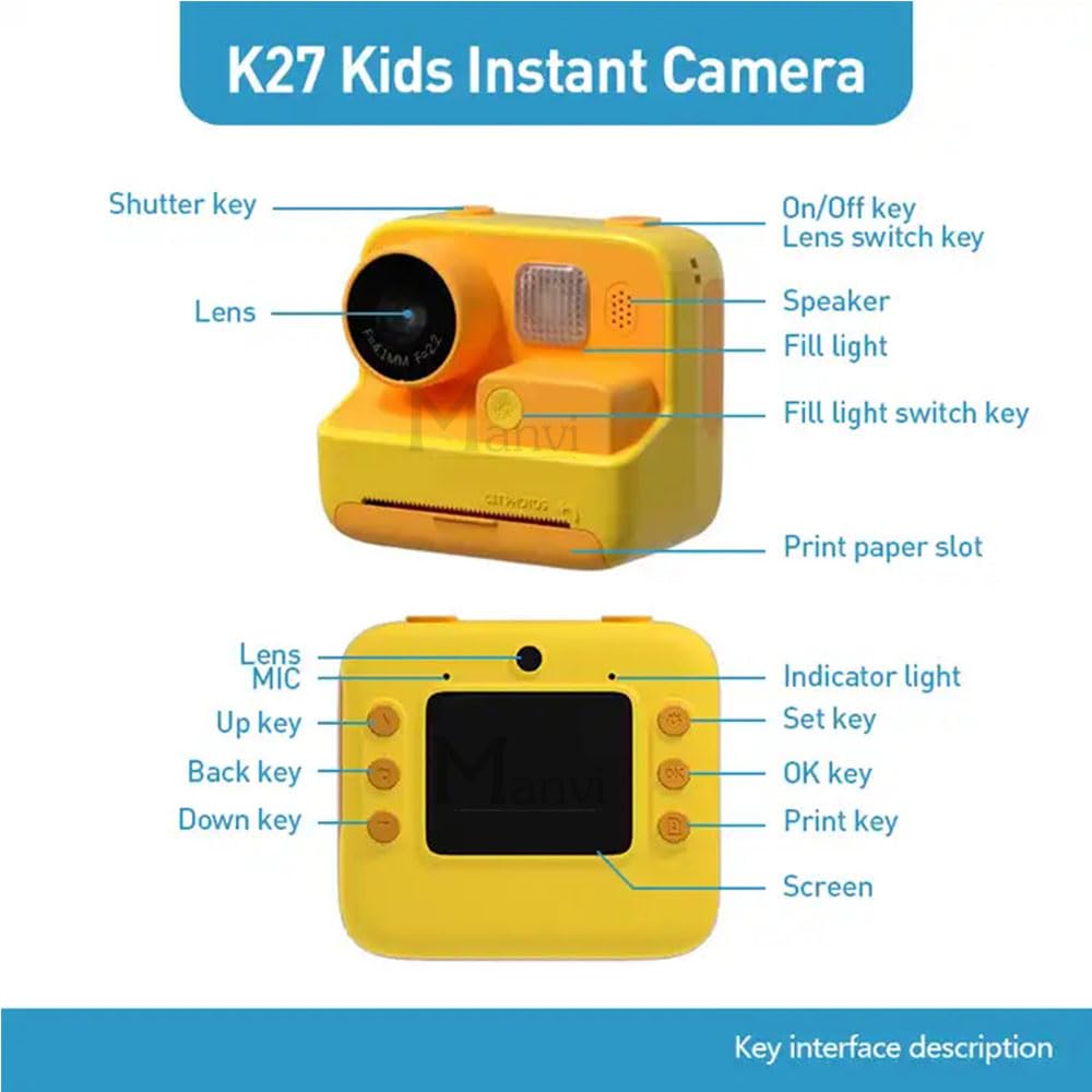 MANVI Instant Print Camera for Kids, 48 MP Print Camera for Boys & Girls, 1080P Video Recoding Camera with 3 Printing Rolls (Yellow)