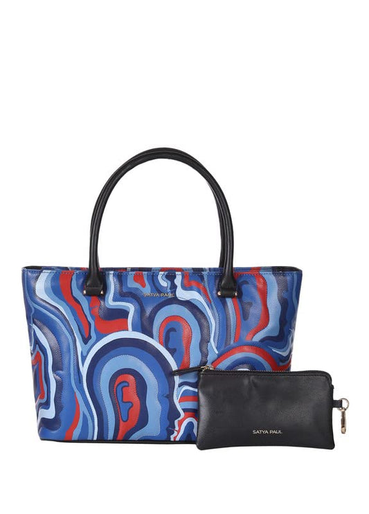 Satya Paul Blue Cobalt Ligh Blue PU Printed Tote Handbags for Women