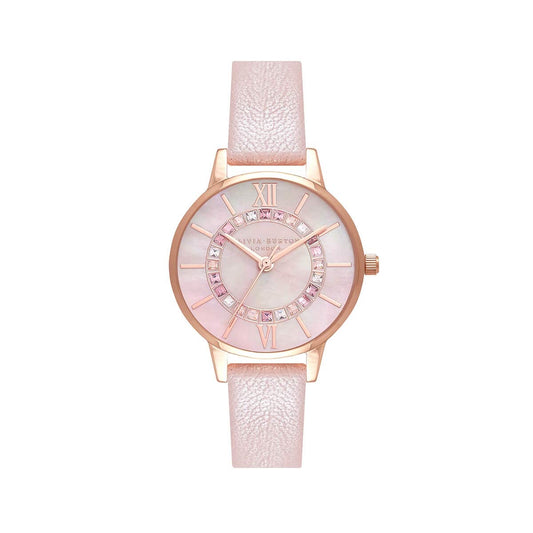 Olivia Burton Wonderland Qtz Basic Blush Mother of Pearl & Stone Round Dial Women's Analog Watch|Pearl Pink Leather Material|Pink Color Band - OB16WD93