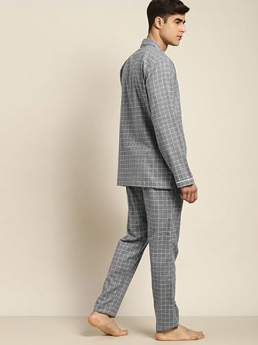 Hancock Men Cotton Checked Pyjama Set Grey Size M