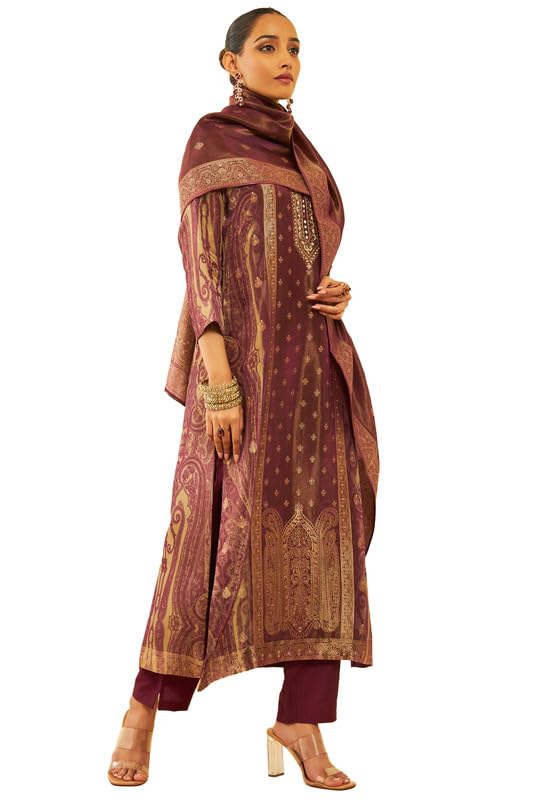 Soch Womens Wine Tissue Silk Blend Woven Design Suit Set With Zardosi Work