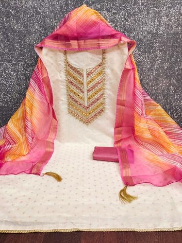 Leeli Peeri Designer Women's Chanderi Cotton Embroidery work Unstitched Salwar Suit Dress Material