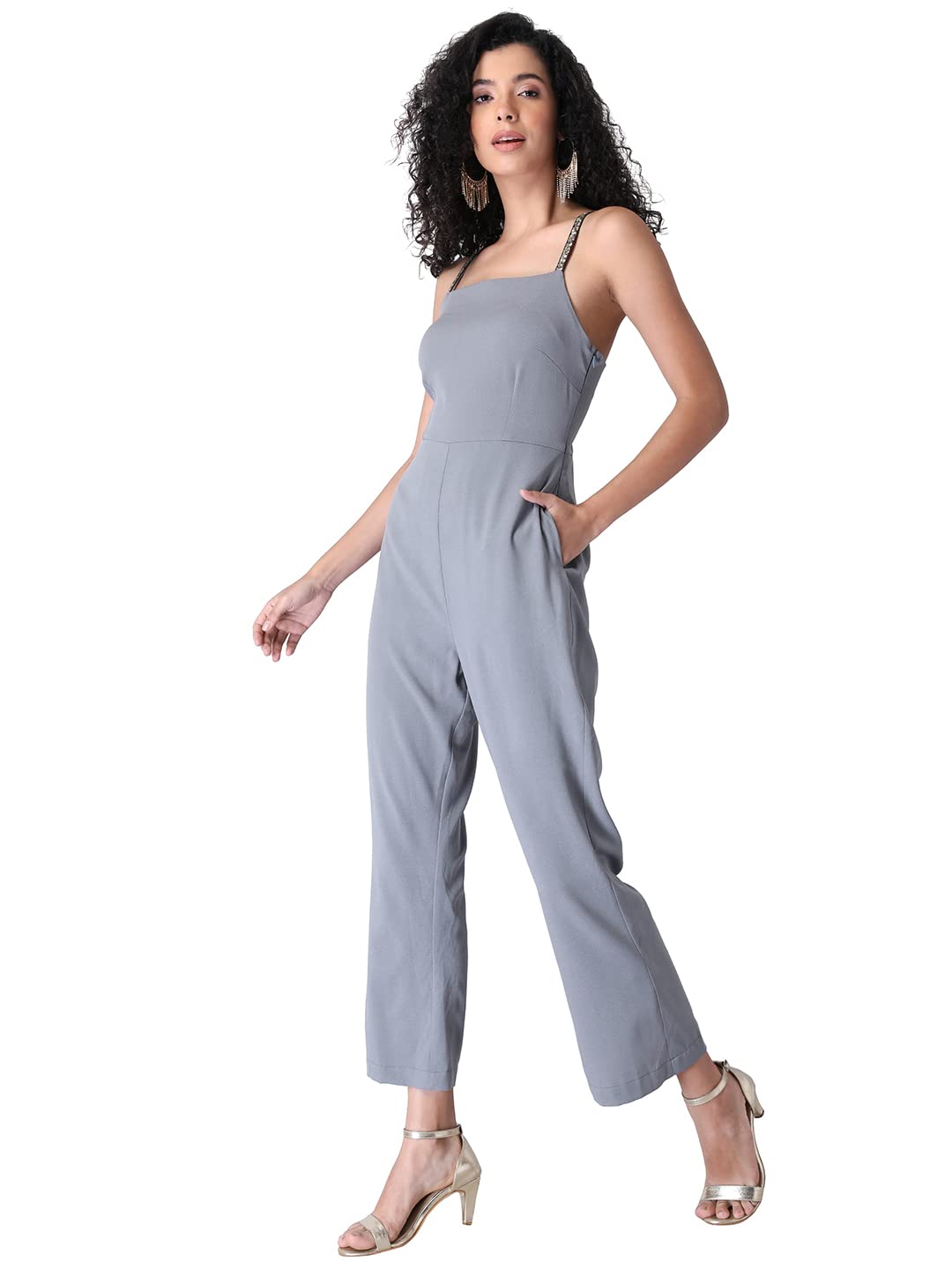 FabAlley Grey Embellished Cross Back Jumpsuit