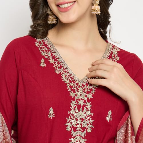 Rangavali Mangalagiri Anarkali Suit Set | Maroon Embroidered Managalgiri Readymade Outfit Kurta, Pant & Banarasi Dupatta for Women | Kurti Set for Ladies | 3 Pcs, M, 34