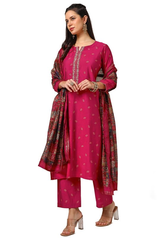 Soch Womens Fuchsia Muslin Blend Bandhani Print Suit Set With Sequins