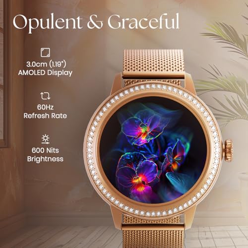 Titan Valerie 1.19" AMOLED Studded Stainless Steel Smart Watch for Women, Next-Gen Chipset, Functional Crown, SOS & BT Calling, Women Wellness Suite, BP & Skin Temp Monitor, Fast Charging (Brown)