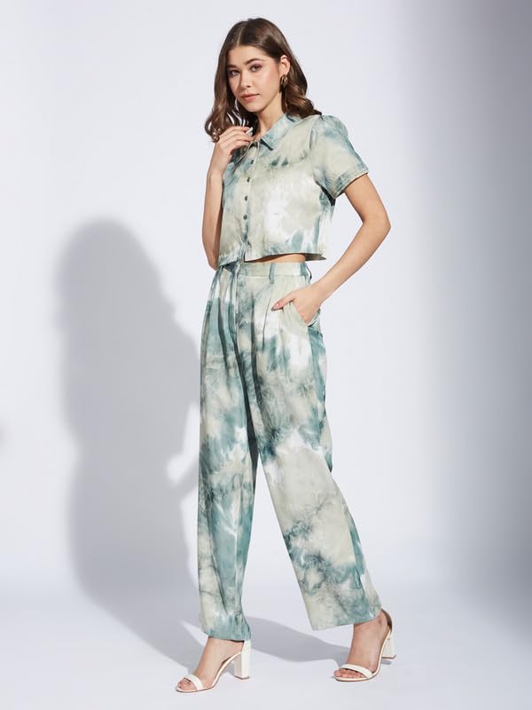 Latin Quarters Women Green Collar Neck Half Sleeve Printed Casual Shirt Blouse_M