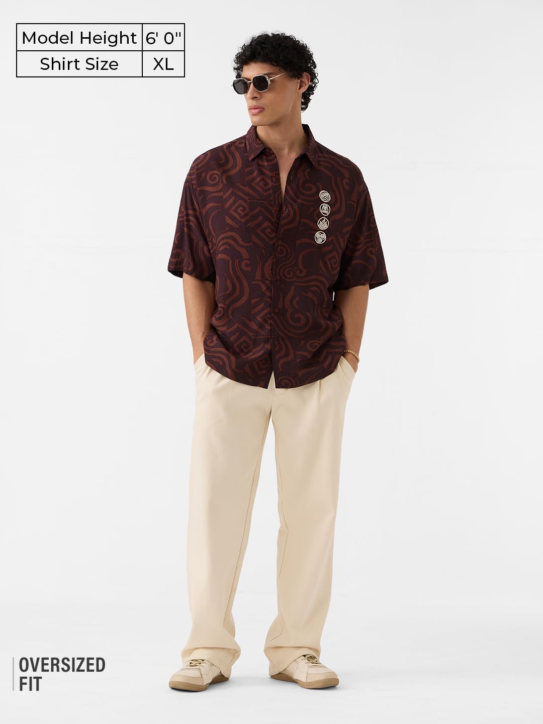 The Souled Store Avatar: Elements Men and Boys Short Sleeves Collared Neck Button Front Brown Embroidered Rayon Oversized Shirts