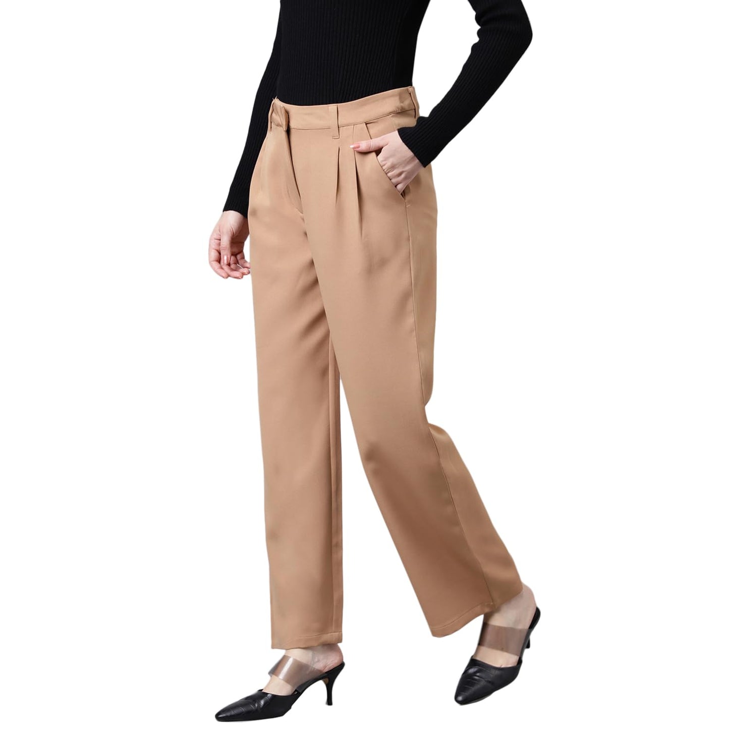 Latin Quarters Women's Solid Straight Beige Pant_M