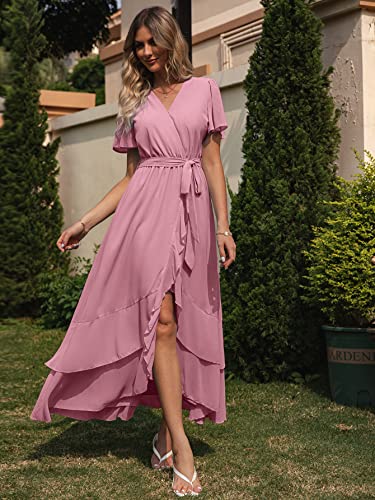 Simplee Womens Summer Chiffon Wrap Casual Maxi Ruffle Split Dress Flowy Bridesmaid Wedding Party Evening Cocktail with Belt, Ruffle-pink Purple, XL