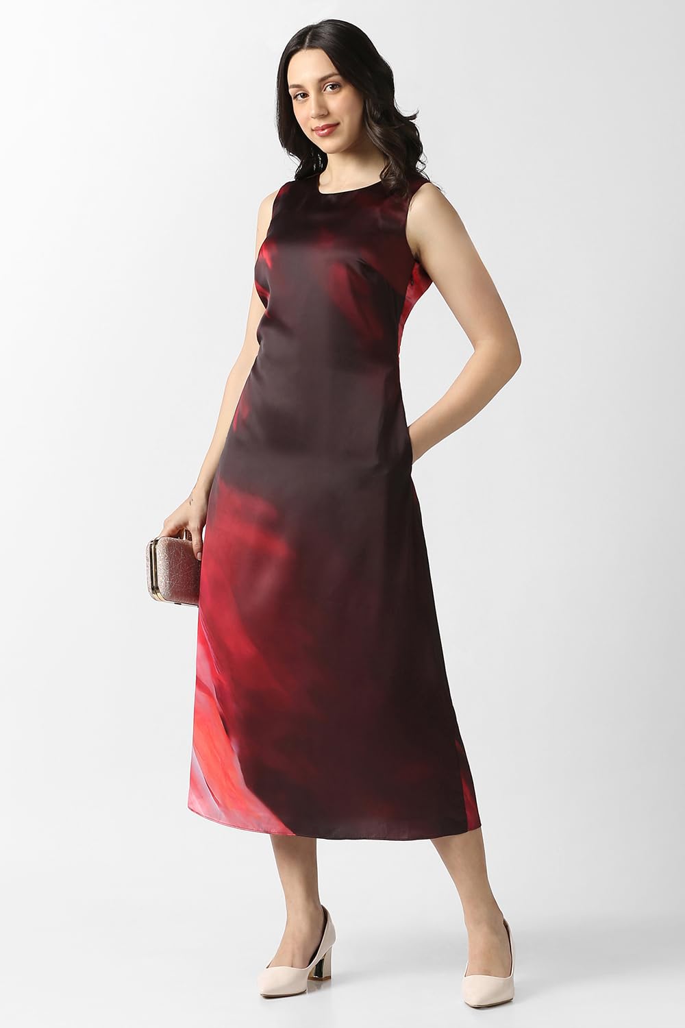 Women Maroon Print Calf-Length Party Dress