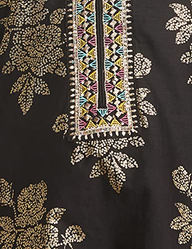 BIBA Women Cotton Printed Straight Salwar Kurta Dupatta(Skdbandhej 7509_Black_36)