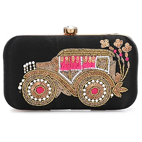 For The Beautiful You Black Embroidered Car Women's Clutch