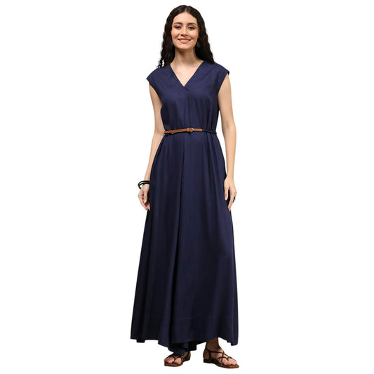 Biba Women's Rayon Asymmetric Floor Length Jumpsuit (RTRDMA31112AW25NVY_Navy Blue