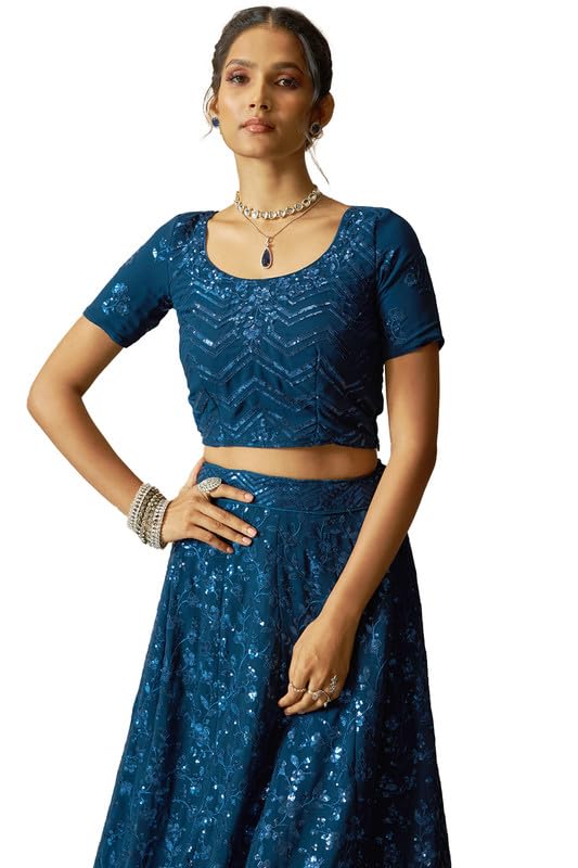 Soch Womens Blue Georgette Floral Pattern Sequin Embellished Unstitched Lehenga Set